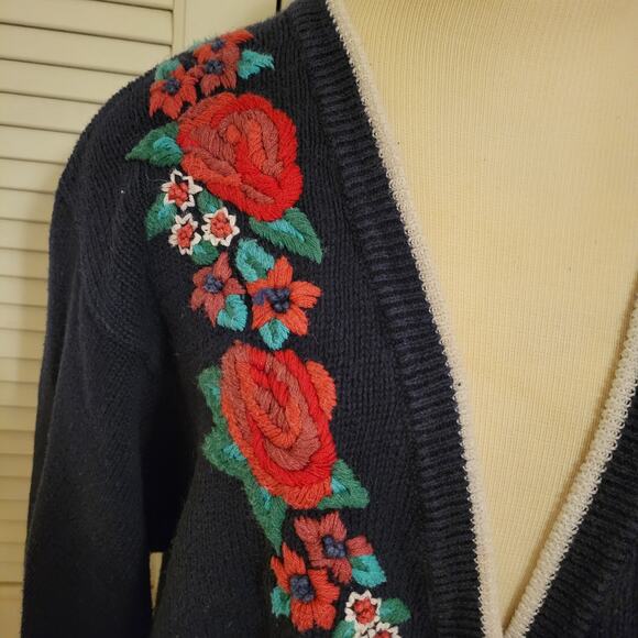 Northington Vintage Floral Embroidered Cardigan Women's XL Navy Blue Open Front - Picture 4 of 10